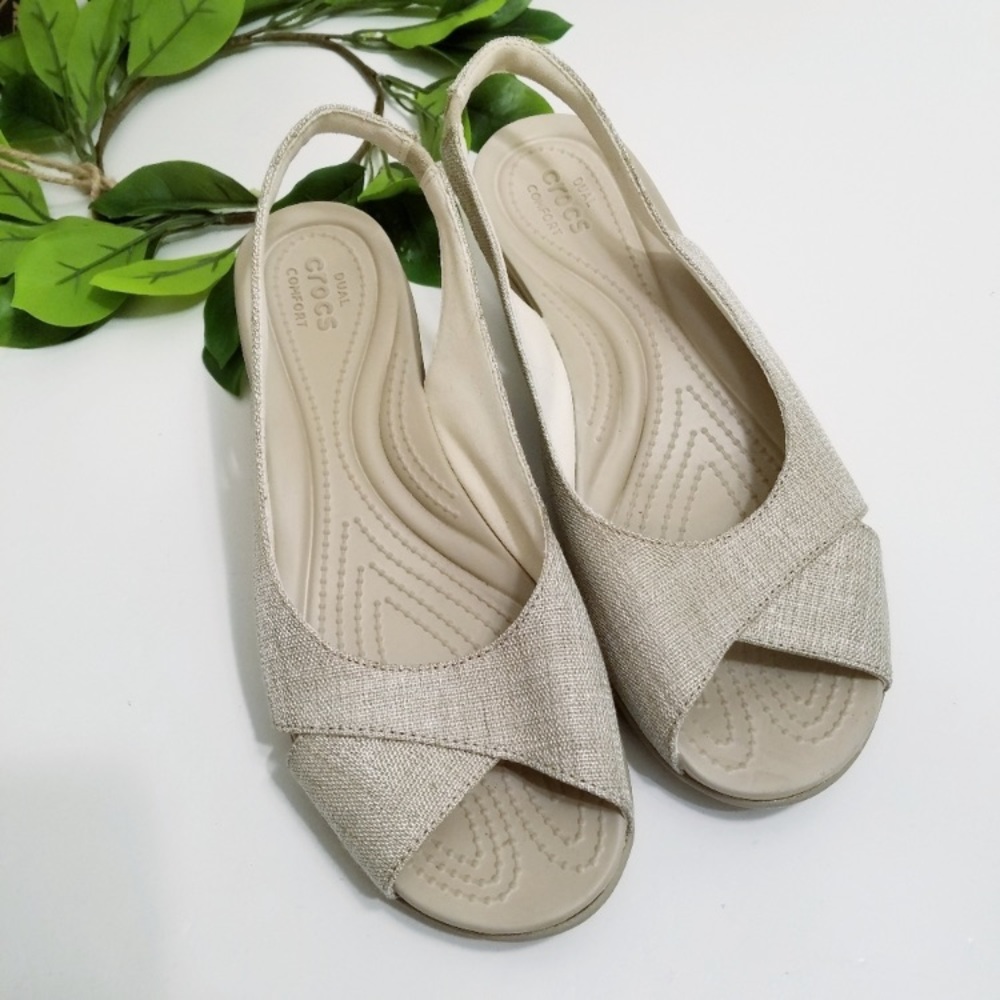 Crocs Tan Strappy Sling Back Wedge Sandals